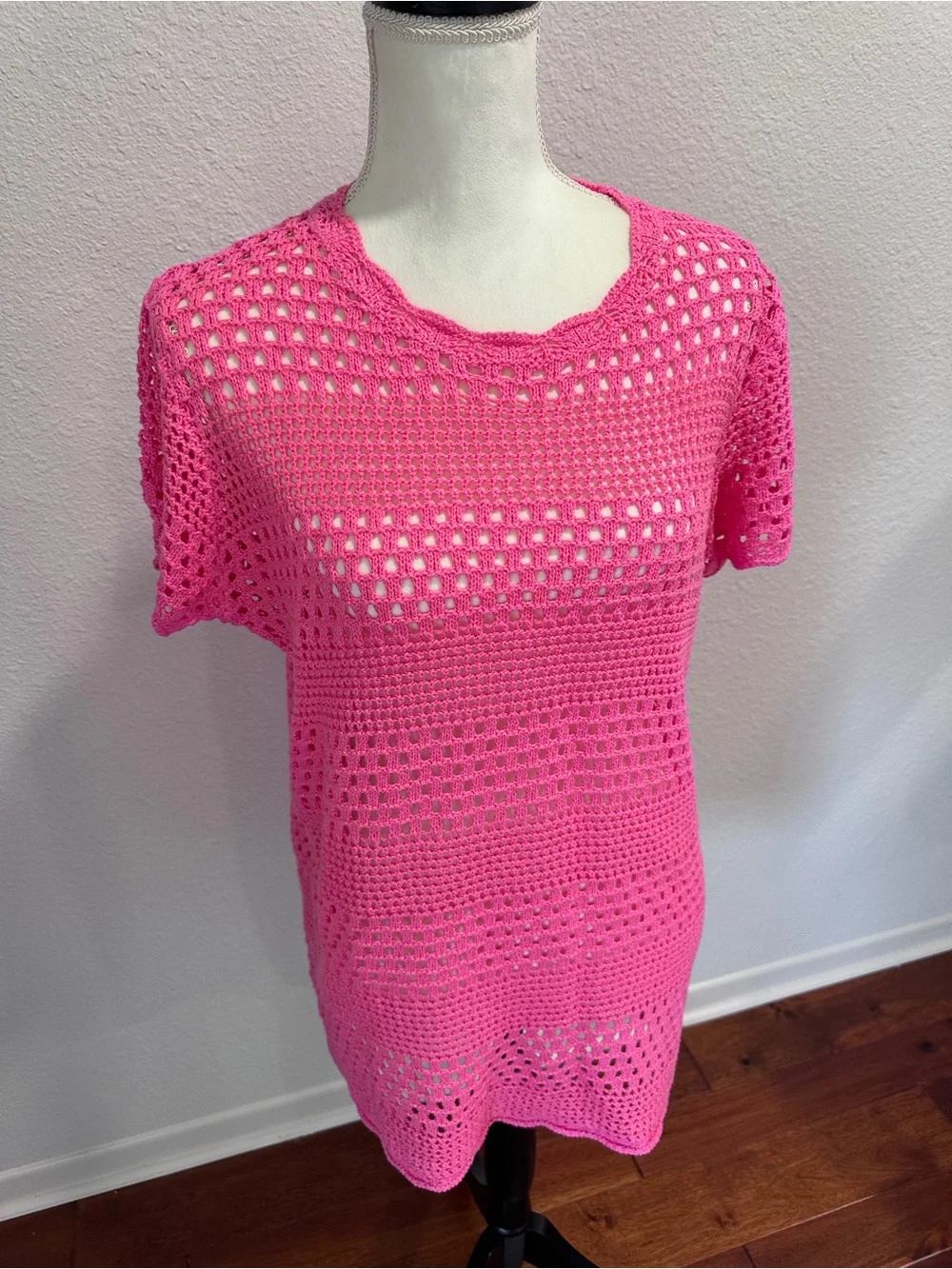 Bright Pink Crochet Short-Sleeve Women's Swim Coverup/Dress